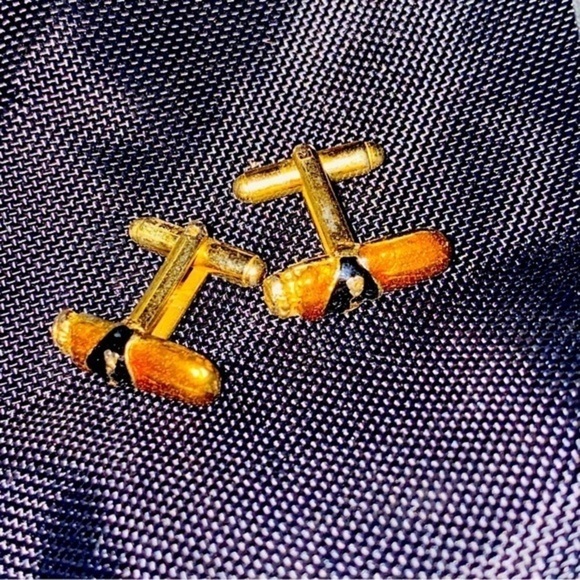 Vintage Rare Gold Tone Enamel Cigar Figure Sculpture Cufflinks - Picture 1 of 6